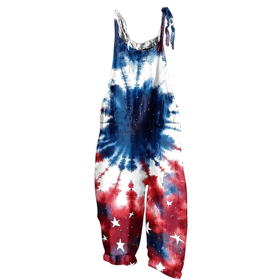 Jamicy Women's Jumpsuits American Flag Overalls Summer Sleeveless Backless Loose Jumpsuits Adjustable Strap with Pockets