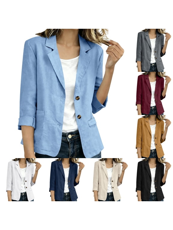 Women's Linen Blazer Casual Solid Color Button Linen Blazer Jackets Lapel 3/4 Sleeve Suit Blazer Lightweight Breathable Business Work Jackets with Pocket