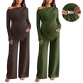 thumbnail image 1 of Jamicy Women's Maternity Clothes Solid Color 2 Piece Spring Outfits Off Shoulder Asymmetrical Top and Pants Matching Sets, 1 of 10