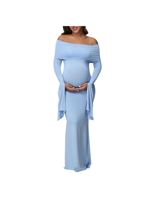 Women's Maternity Dress Long Sleeve Solid Color Flared Sleeve Off Shoulder Pregnancy Photography Dress for Baby Shower Photoshoot Party