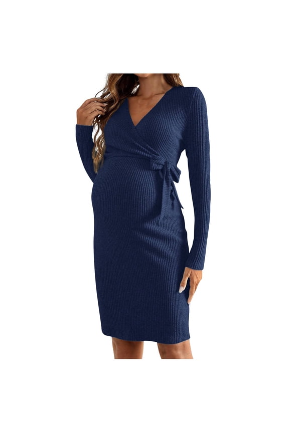 Women's Maternity Dress Long Sleeve Wrap V Neck Fall Dress Ribbed Knit Short Pregnancy Bodycon Dresses Pregnancy Dress for Wedding Party