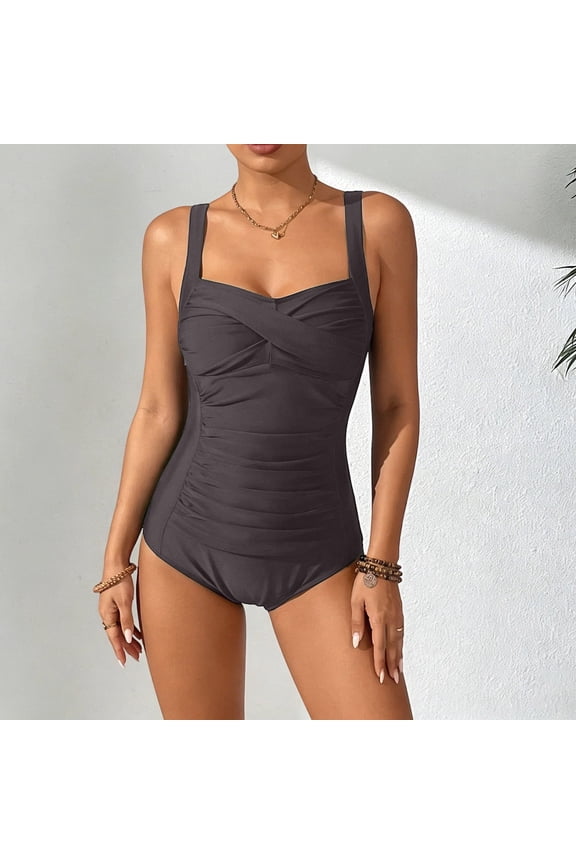 Women's One Piece Swimsuit Solid Color Ruched Tummy Control Bathing Suits Vintage Retro Push Up Women's Bathing Suit Swimwear