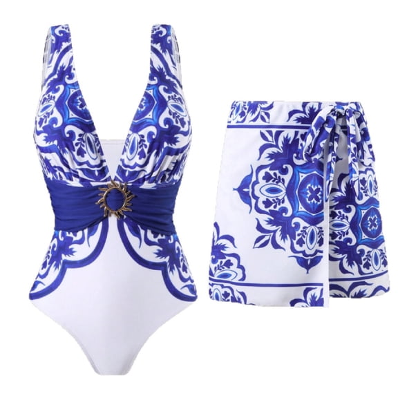 Jamicy Women's One Piece Swimsuit with Cover Up Short Skirt Floral Print Plunge V Neck Bathing Suit for Women