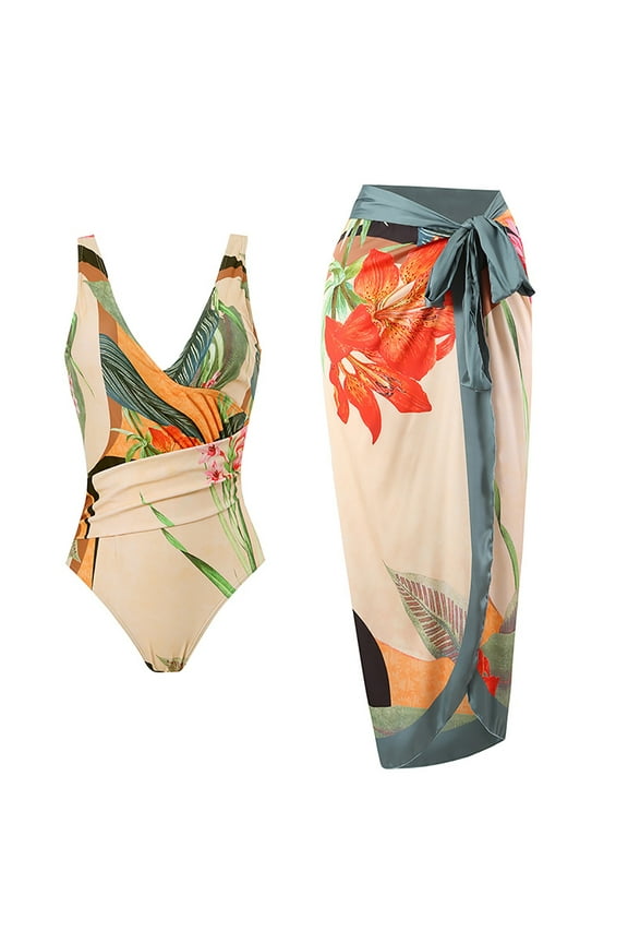 Women's One Piece Swimsuit with Cover up Skirt Retro Floral Print Swimwear Set Swim Suits for Women 2024 One Piece Tummy Control