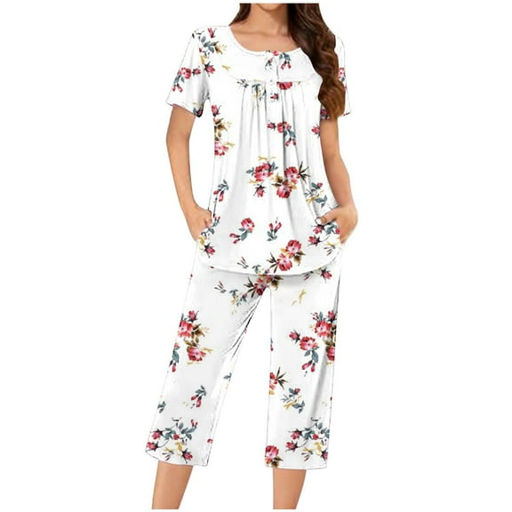 Jamicy Women's Pajama Set Fashion Casual Loose Printed Round Neck Short Sleeve Button Capri Pants Comfortable Ladies Pajamas Set
