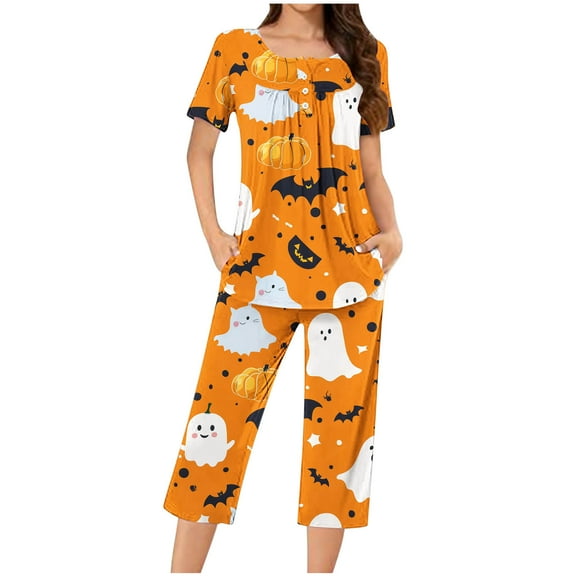 Jamicy Women's Pajamas Plus Size Loose Halloween Printed Round Neck Button Capri Pajama Set Halloween Pajamas