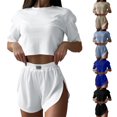 thumbnail image 1 of Jamicy Women's Pajamas Set Solid Color Casual Sleepwear Tee Shirts and Shorts Side Slit Crewneck Loungewear Two-Piece Set for Home Wear, 1 of 9