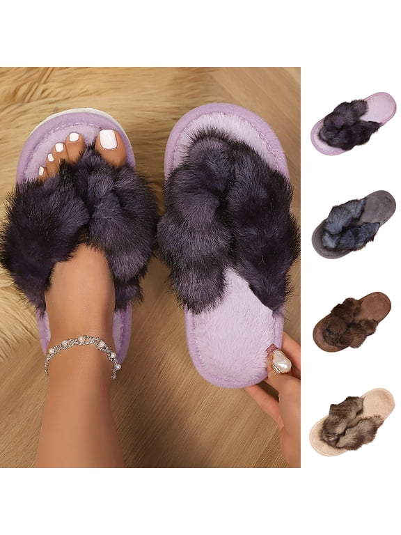 Women's Plush Indoor Flip Flop for Home House Bedroom Open Toe Thong Slippers for Women Fuzzy Faux Fur Spa House Slippers