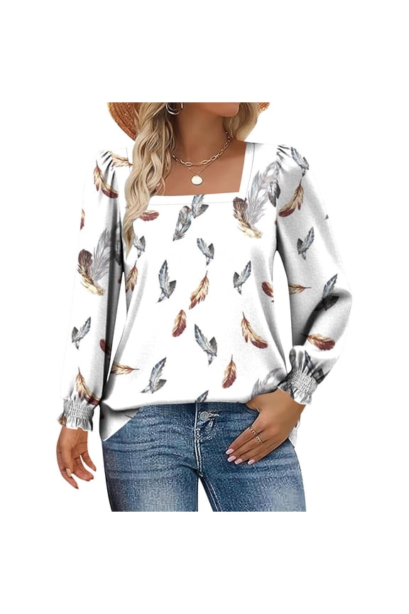 Women's Puff Sleeve Square Neck Shirt Loose Fit Casual Top Long Sleeve Blouse for Fall Winter
