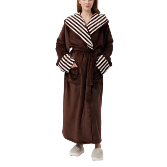 Jamicy Women's Sleep Robe Casual Striped Bath Robe Fleece Long Bathrobe Fluffy Plush Fuzzy Long Sleeve Soft Thick Warm