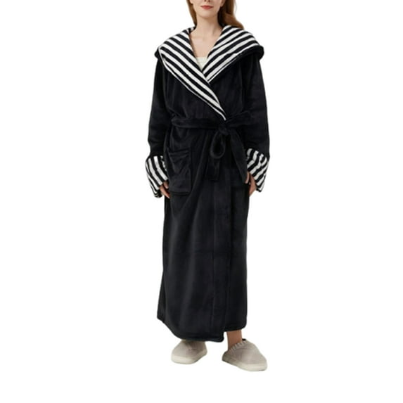 Jamicy Women's Sleep Robe Casual Striped Bath Robe Fleece Long Bathrobe Fluffy Plush Fuzzy Long Sleeve Soft Thick Warm