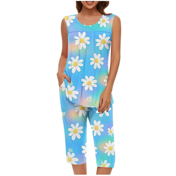 Jamicy Women's Sleepwear Gift for Wife Two Piece Short Set Drawstring Elastic Waist Capris Round Neck Tank Tops Comfy Sweatsuit Soft Sleepwear
