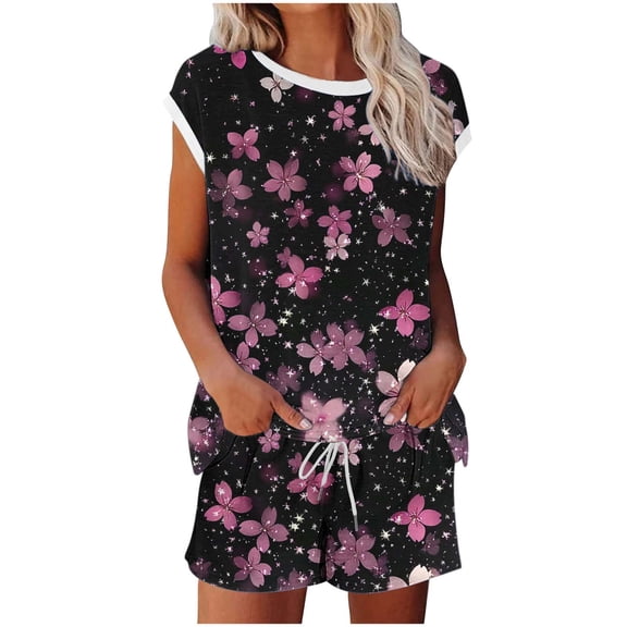 Lopecy-Sta Women's Sleepwear Gift for Women Women Casual Non Positioning Printed Short Sleeved Round Neck Pants Drawstring Set