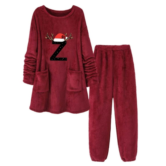 Jamicy Women's Sleepwear Set Christmas Fuzzy Plush Pajama Set 2 Piece Soft Warm Outfits Xmas Print Long Pullover and Pants Winter Outfits
