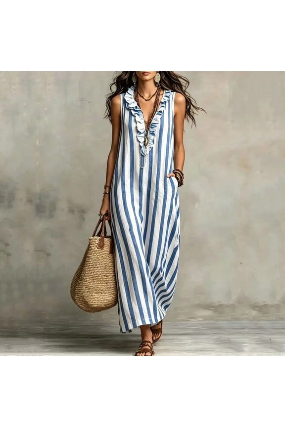 Women's Summer Dress Sleeveless Striped Shirt Dress Ruffle Beach Maxi Long Loose Fit Casual Long Dress