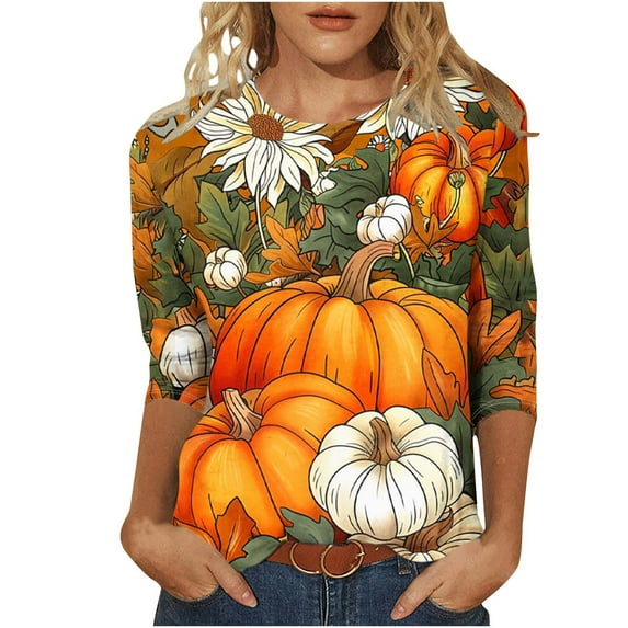 Jamicy Women's Sweatshirts Christmas Gifts Fall Season Pumpkin Maple Leaf Print Tshirt for Women Thanksgiving Tops Autumn Thankful 3/4 Sleeve Graphic Tees