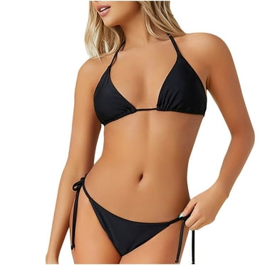 Jamicy Women's Swimsuit Lace Up Halter Neck Triangle Bikini Women's Sexy Backless Waist Top with Low Rise Bottoms Split Swimsuit