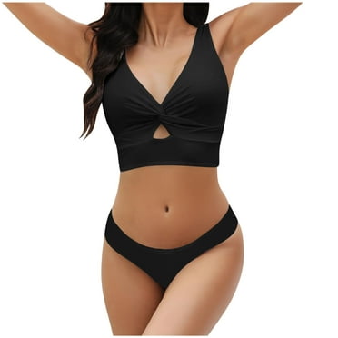 Jamicy Women's Swimwear Gifts for Girlfriend Split Knotted Bikini Wire Free Solid Cross Strap V Neck Top Low Rise Triangle Bottoms Swimsuit for Women
