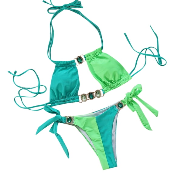 Jamicy Womens Bathing Suits 2 Piece Hot Spring Wear Women's Color-Coded Halter Swimsuit Crystal Side Lace-Up Two-Piece Bikini