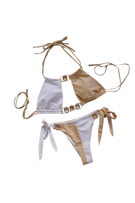 Womens Bathing Suits 2 Piece Hot Spring Wear Women's Color-Coded Halter Swimsuit Crystal Side Lace-Up Two-Piece Bikini