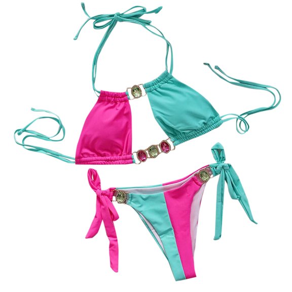 Jamicy Womens Bathing Suits 2 Piece Hot Spring Wear Women's Color-Coded Halter Swimsuit Crystal Side Lace-Up Two-Piece Bikini