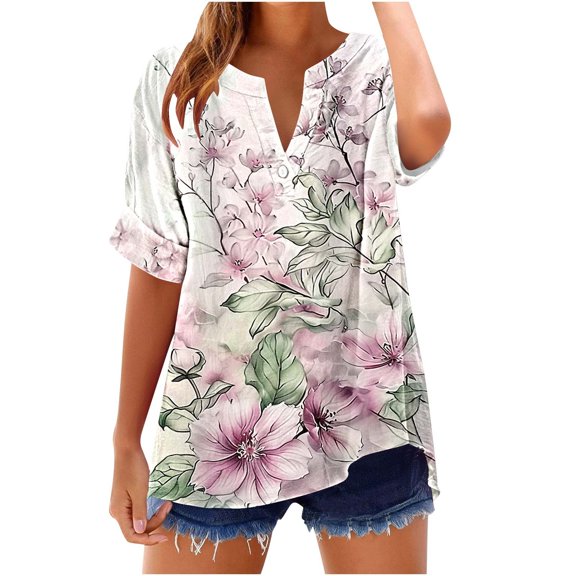 Jamicy Womens Beach Shirts Summer Outfits Women New V-Neck 2025 Fashion Tops Short Sleeve Business Casual Blouses Summer Tees Shirts