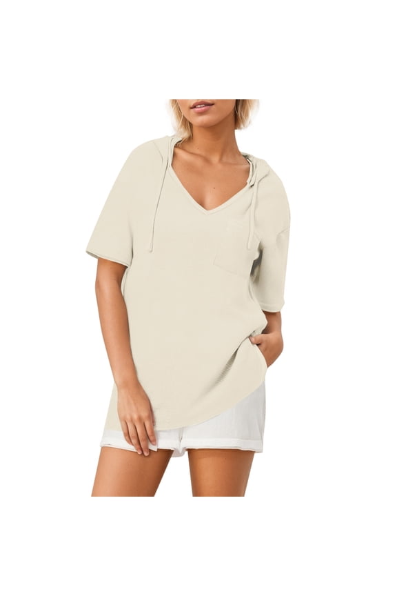 Womens Beach Shirts Summer Outfits Womens Oversized T Shirts Ribbed Trim V Neck Short Sleeve Tops Summer Cotton Tees Loose Fit 2025
