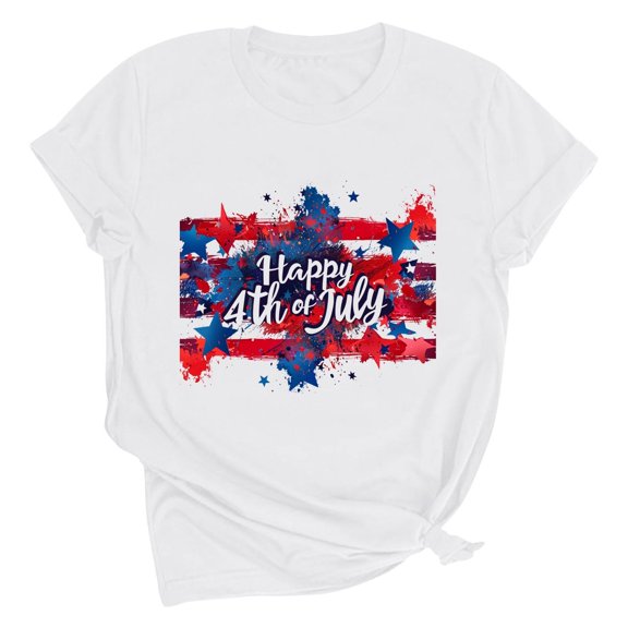 Jamicy Womens Beach Shirts Summer Wear Women's Printed T-Shirt Round Neck Short Sleeved Fourth Of July Usa Tshirt