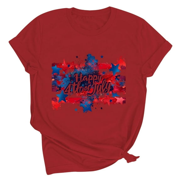 Jamicy Womens Beach Shirts Summer Wear Women's Printed T-Shirt Round Neck Short Sleeved Fourth Of July Usa Tshirt