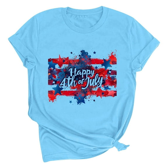Jamicy Womens Beach Shirts Summer Wear Women's Printed T-Shirt Round Neck Short Sleeved Fourth Of July Usa Tshirt