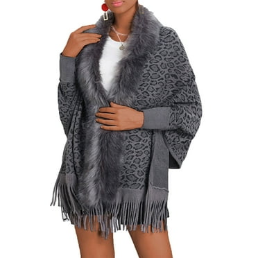 Jamicy Womens Cloak Cardigan Clearance Rollback Bat Sleeves Front Open Leopard Shawl for Women Artificial Fur Downy Sexy Poncho for Birthday Cocktail