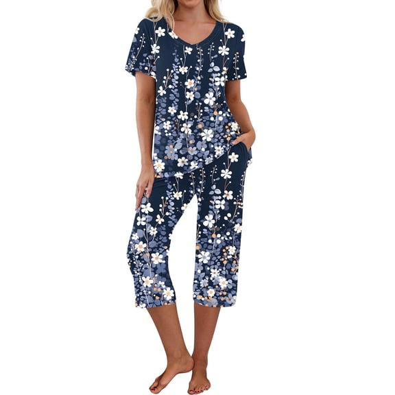 Jamicy Womens Cute Pajamas Printed V-Neck Short Sleeve Top + Cropped Trousers with Pockets Home Sports Comfortable Woemn's Pajamas Set Navy