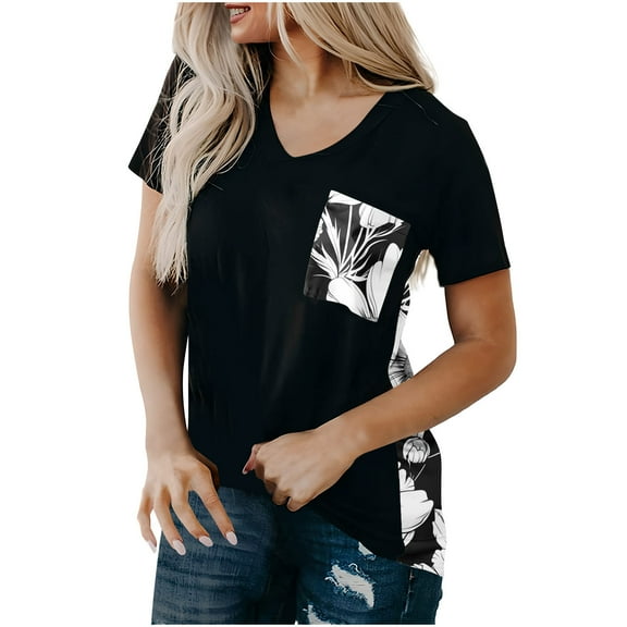 Jamicy Womens Dress Shirts Gift for Wives Women's Short Sleeve Printed Pachwork Pockets Blouse Tops Loose V Neck Shirts Short Sleeve Blouses with Pocket