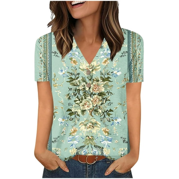 Jamicy Womens Dressy Blouses Gift for Mother Womens Tops Summer V Neck 2025 Short Sleeve Casual Shirts Fashion Loose Fit Clothes