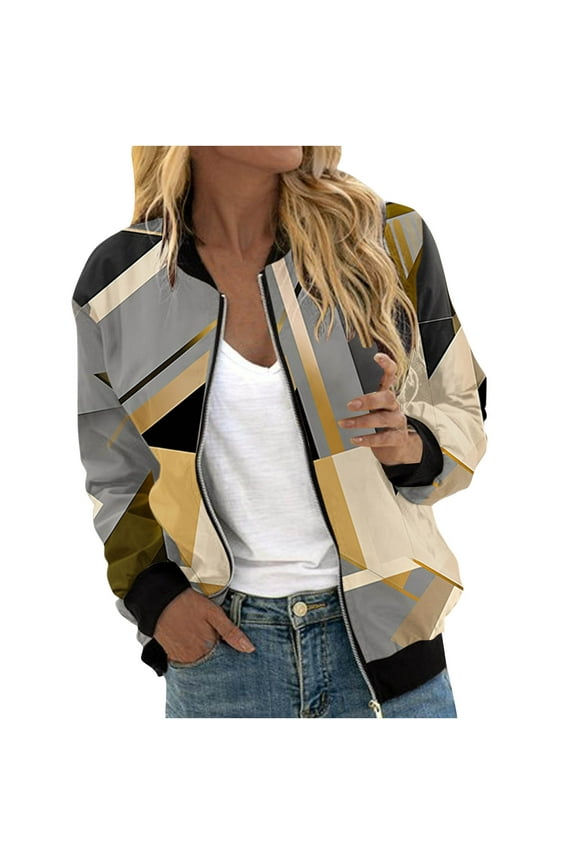 Womens Fall Jackets Bomber Jacket for Women Lightweight Zip Up Long Sleeve Casual Jacket Trendy Patchwork Color Block Sport Outerwear