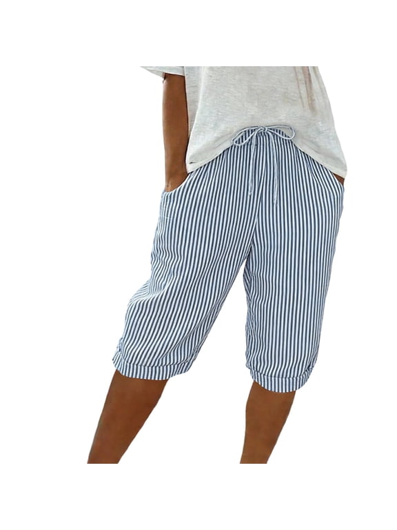 Womens Half Shorts Pants Casual Stripe Elastic Loose Shorts Bermuda Long Pajama Shorts Seersucker Pj Sleep Shorts