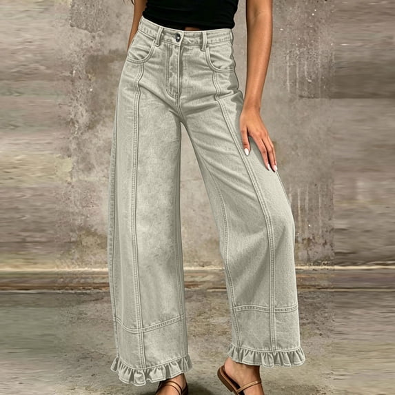 Jamicy Womens Jeans Boyfriend Ruffle Wide Leg Jeans Casual Loose Mid Rise Flared Denim Pant Beach Vacation Lounge Palazzo Pants