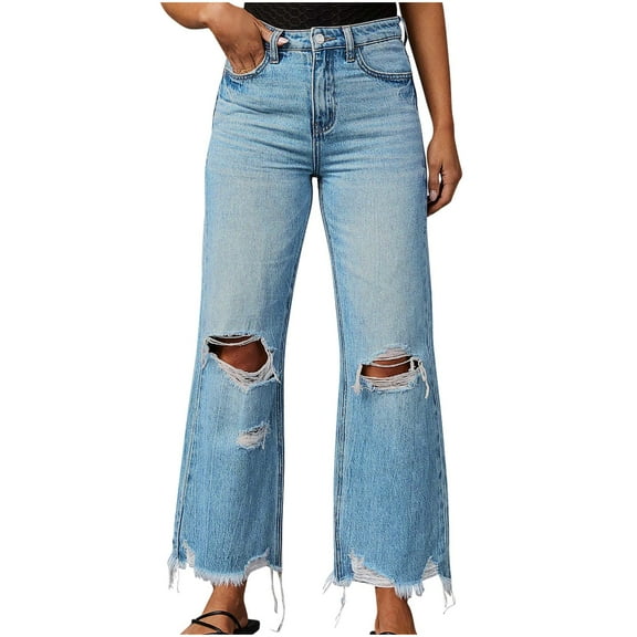 Jamicy Womens Jeans with Pockets Ripped Bell Bottom Jeans High-Rise Distressed Raw Edge Hem Boyfriend Wide Leg Denim Pants