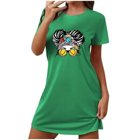 Jamicy Womens Loungewear Dresses Loose Short Nightdress Fashion Printed Round Neck Short Sleeve Women's Nightdress Home Clothes