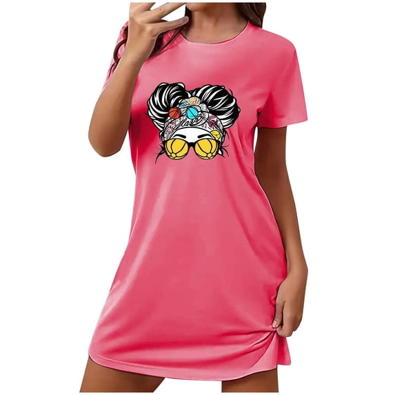 Jamicy Womens Loungewear Dresses Loose Short Nightdress Fashion Printed Round Neck Short Sleeve Women's Nightdress Home Clothes