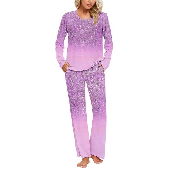 Jamicy Womens Loungewear Set Gifts for Women Womens Pajama Sets Long Sleeve Sleepwear Round Neck Nightwear Soft Pjs Lounge Sets with Pockets