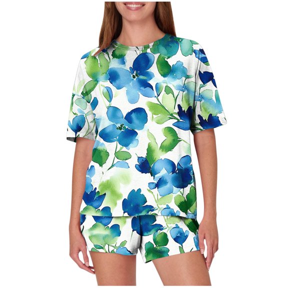Lopecy-Sta Womens Loungewear Sets Gift for Wife Women's Casual Loose Printing Round Neck Short Sleeved Shorts Pajamas Suit