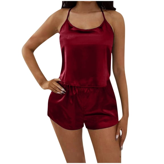 Jamicy Womens Loungewear Sets Gifts for Wives Women Silk Satin Pajamas Set 2 Pcs Silk Pjs Cami Ruffle Shorts Set Sleepwear