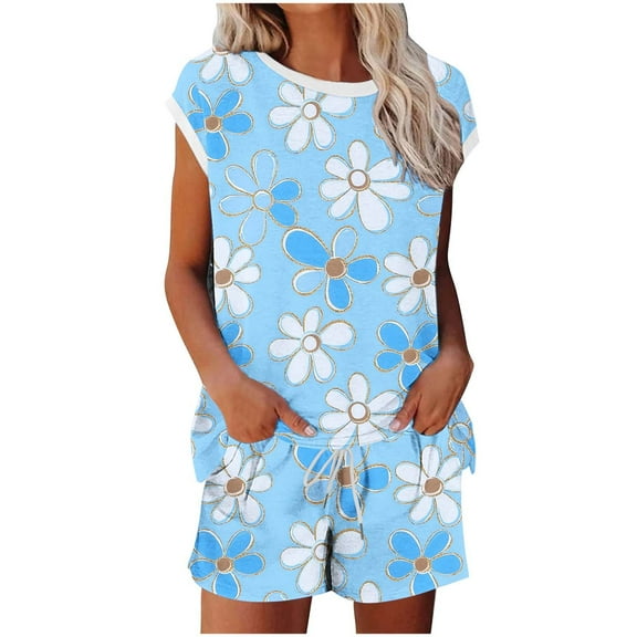 Lopecy-Sta Womens Loungewear Sets To Wear Out Gift for Girlfriend Women Casual Non Positioning Printed Short Sleeved Round Neck Pants Drawstring Set
