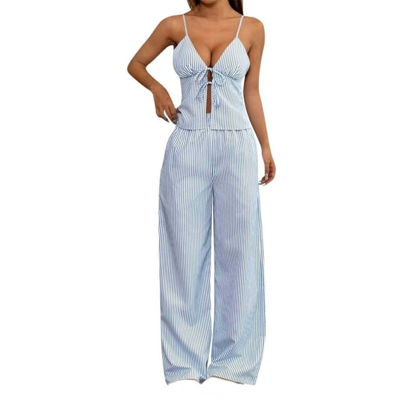 Lopecy-Sta Womens Loungewear Sets To Wear Out Summer Outfits Women's 2 Piece Outfit Striped Tie Front Camisole Tops Long Elastic Waist Pocket Pants