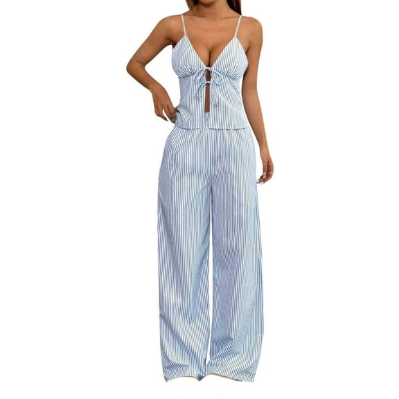 Lopecy-Sta Womens Loungewear Sets To Wear Out Summer Outfits Women's 2 Piece Outfit Striped Tie Front Camisole Tops Long Elastic Waist Pocket Pants