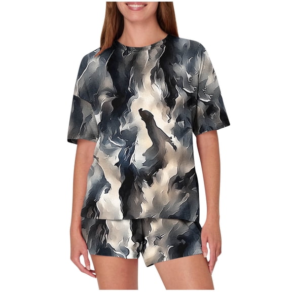 Lopecy-Sta Womens Loungewear Sets To Wear Out Summer Outfits Women's Casual Loose Printing Round Neck Short Sleeved Shorts Pajamas Suit