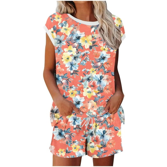 Lopecy-Sta Womens Loungewear Sets To Wear Out Gift for Women 2 Piece Sleepwear Sets Short Sleeve Summer Lounge Sets Womens Beach Vacation Matching Sets Travel Outfits