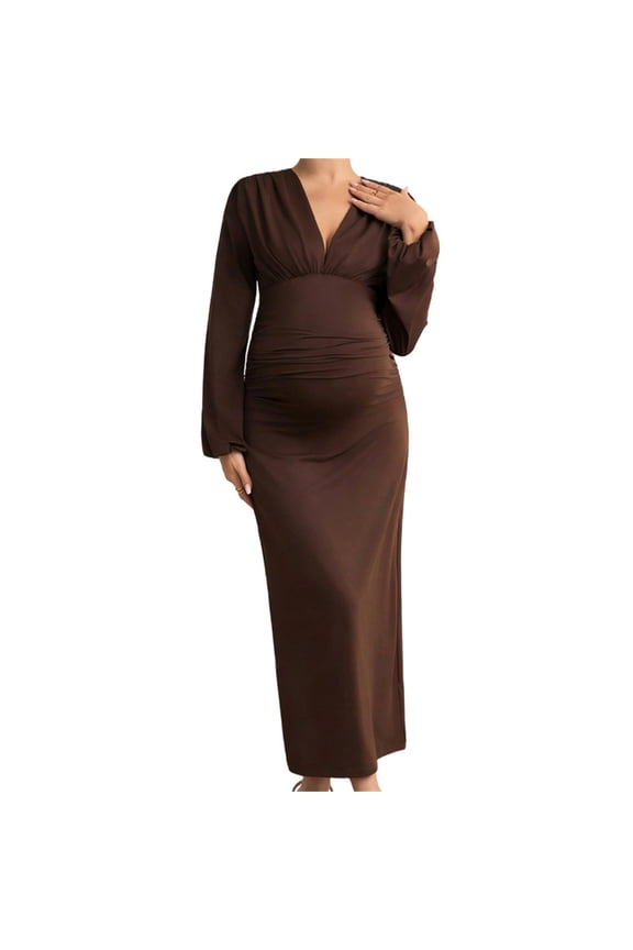 Womens Maternity Maxi Dress Long Sleeve Wrap Dress V Neck Ruffle Sleeves Semi formal Baby Shower Photoshoot Party Cocktail Pregnancy