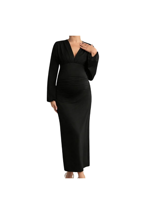 Womens Maternity Maxi Dress Long Sleeve Wrap Dress V Neck Ruffle Sleeves Semi formal Baby Shower Photoshoot Party Cocktail Pregnancy